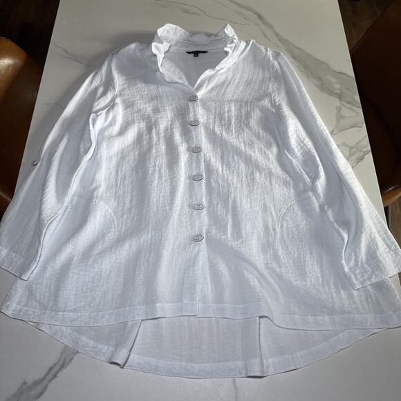 John Mark Size M White Blouse Button Front Wire Collar Tunic Top Artsy Lagenlook - Picture 1 of 14